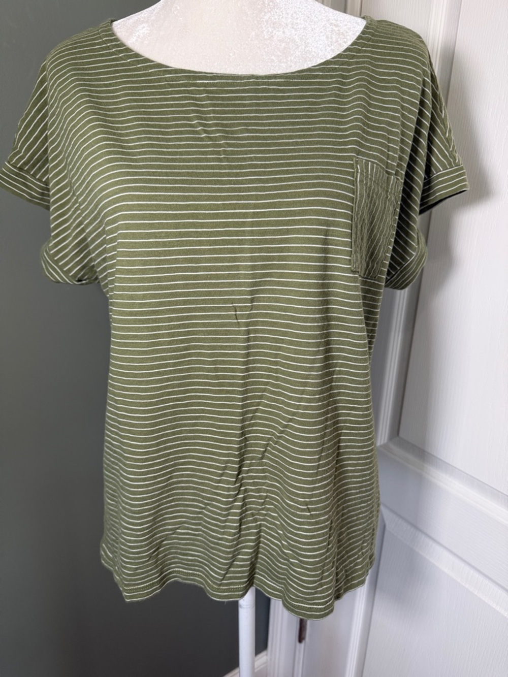 Talbots Olive Green Striped Tee Short Sleeve Pocket Top XL